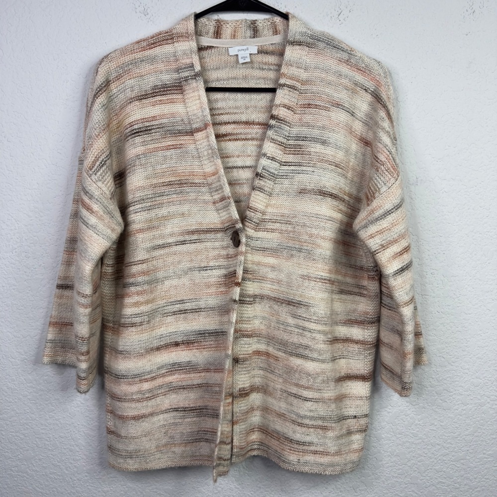 Pure Jill Cardigan Women XS Beige Space Dyed Knit Button Boho Neutral Minimalist